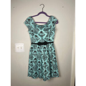 Rock Steady Clothing Rockabilly Dress S Teal Black Novelty Bow Made USA Pin Up